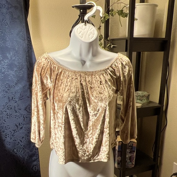 NWT! 🎁 3/20 Hollister gold velvet off-the-shoulder crop top, XS - Picture 2 of 3